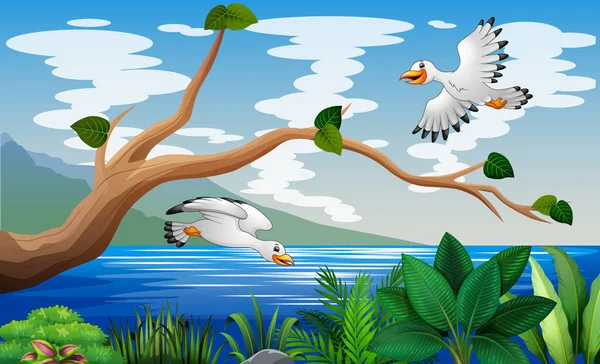 Due Gabbiani Che Sorvolano Lago Illustrazione Marina — Vettoriale Stock