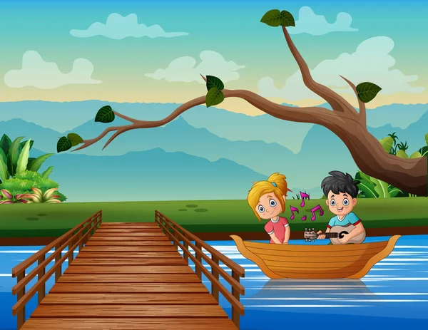快乐的夫妻在河里的船上歌唱 — 图库矢量图片