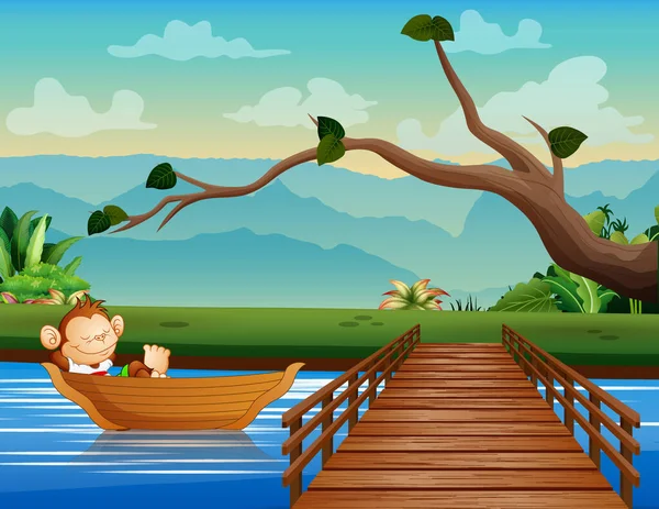 Χαριτωμένο Καρτούν Μαϊμού Κοιμάται Ξύλινο Σκάφος — Διανυσματικό Αρχείο