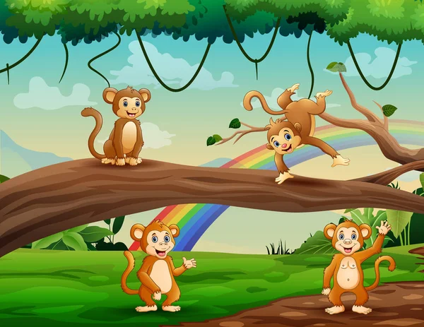 幸せな猿の漫画はジャングルの中で遊ぶ — ストックベクタ