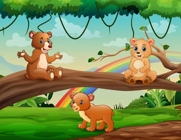 Niedliche Drei Bären Cartoon Spielen Dschungel — Stockvektor