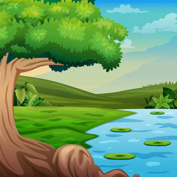 河边有一棵树的背景图 — 图库矢量图片