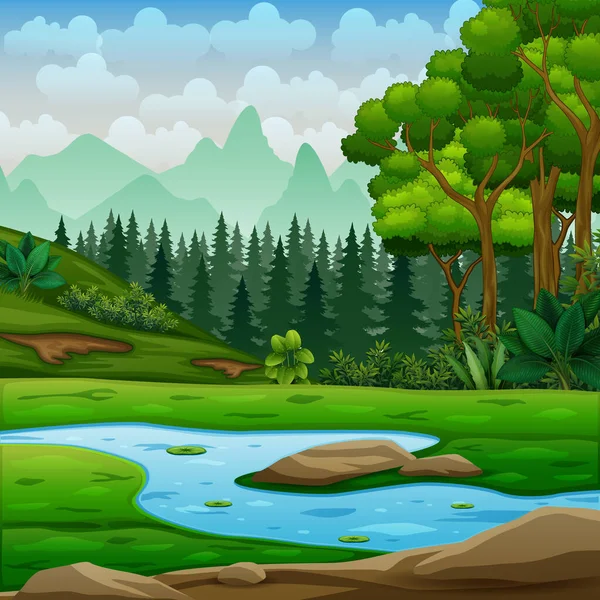 Background Scene Forest River Many Trees Illustration — Stock Vector