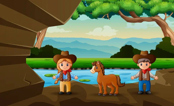 Illustration Cow Boy Une Cow Girl Dans Grotte — Image vectorielle