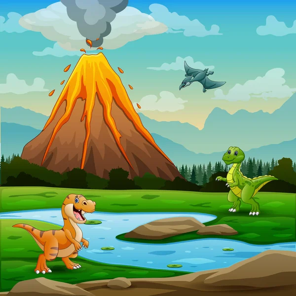 Cute Dinozaury Wulkanu Erupcji Tła Ilustracji — Wektor stockowy