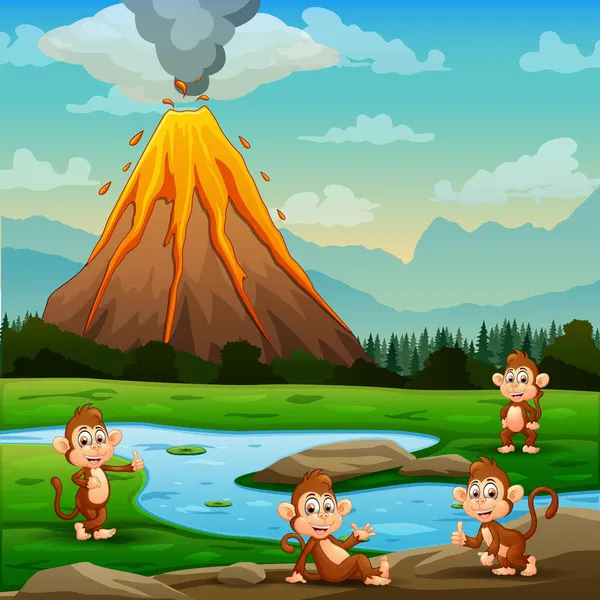 Desenhos Animados Bonitos Macacos Relaxando Junto Rio Com Vulcão Entram —  Vetores de Stock
