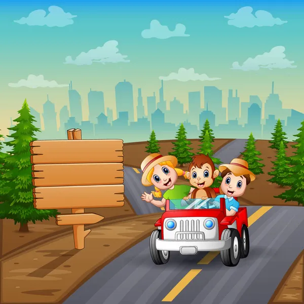 Niños Dibujos Animados Conduciendo Coche Rojo Carretera — Vector de stock