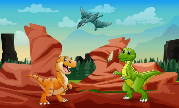 Cute Dinozaury Życia Krajobrazie Przyrody — Wektor stockowy