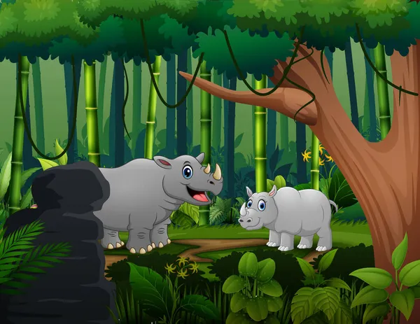Een Neushoorn Haar Welp Midden Het Bos — Stockvector