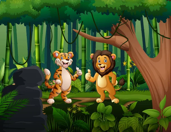 Niedliche Löwe Und Tiger Geben Daumen Nach Oben Dschungel — Stockvektor