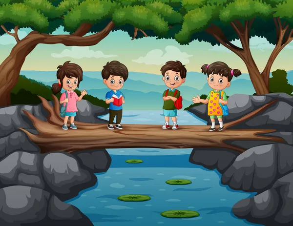 Lindos Niños Cruzan Río Puente Del Tronco Del Árbol — Vector de stock