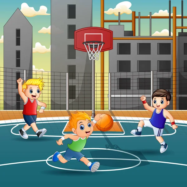 Cartoon Kinder Spielen Basketball Auf Dem Platz — Stockvektor