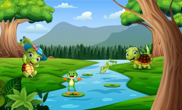 快乐的海龟和青蛙在河里玩耍 — 图库矢量图片