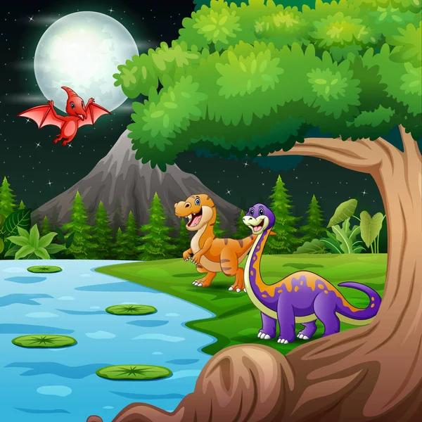 Dinossauros Bonitos Brincando Paisagem Noturna —  Vetores de Stock