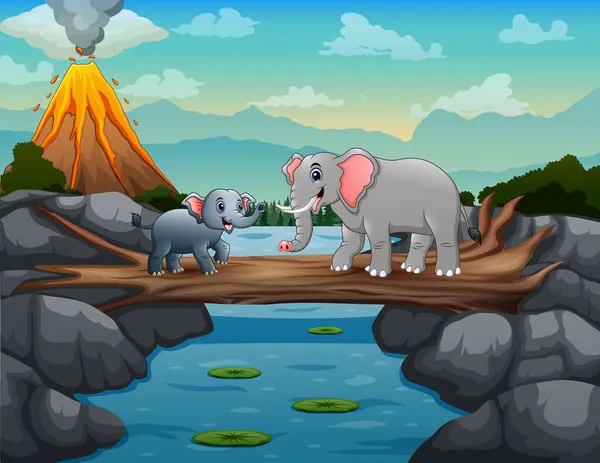 Lindo Elefante Dibujos Animados Con Sus Cachorros Cruzando Río Puente — Archivo Imágenes Vectoriales