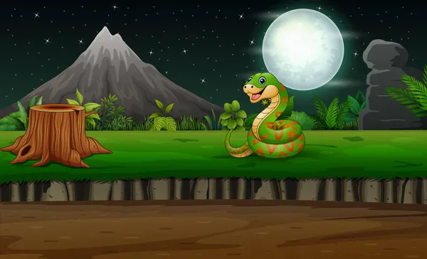 Cartoon Green Snake Night Illustration — Stock Vector
