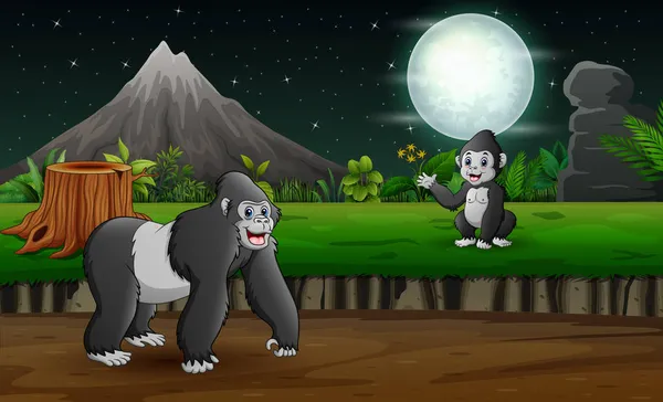 Una Madre Gorilla Con Suo Bambino Nel Paesaggio Notturno — Vettoriale Stock