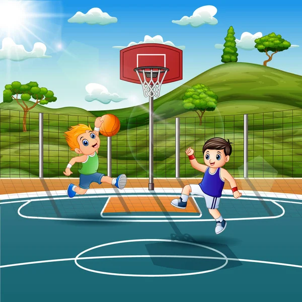 Enfants Dessin Animé Jouant Basket Sur Terrain — Image vectorielle
