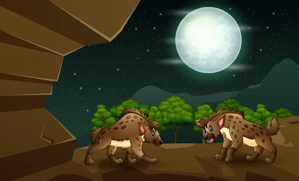 Paysage Nocturne Avec Hyène Dans Illustration Grotte — Image vectorielle