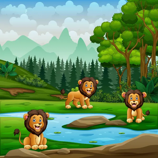 Des Lions Dessins Animés Jouent Bord Rivière — Image vectorielle