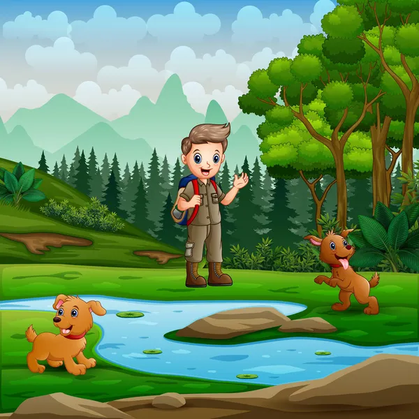 Tecknad Scout Pojke Med Hundar Naturen Landskapet — Stock vektor