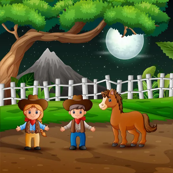 Cartoon Illustration Cowboy Und Cowgirl Der Nächtlichen Landschaft — Stockvektor