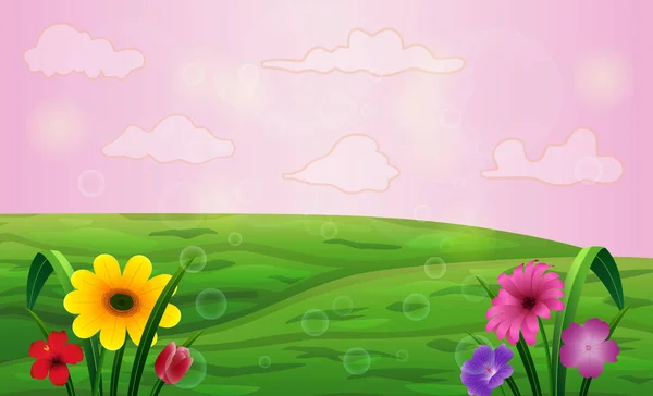 Padang Rumput Hijau Dengan Bunga Dan Langit Berwarna - Stok Vektor