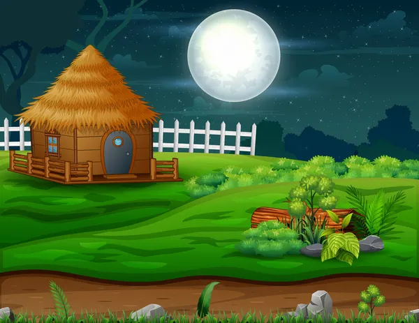 Paisagem Noturna Com Uma Pequena Cabana Meio Natureza — Vetor de Stock