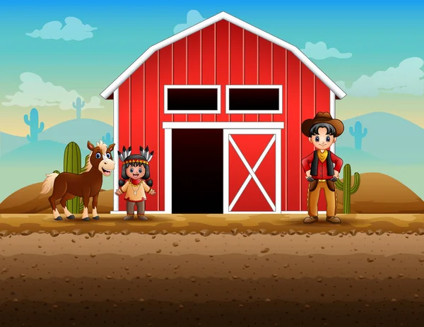 Ilustração Cowboy Menina Indígena Nativa Fazenda —  Vetores de Stock