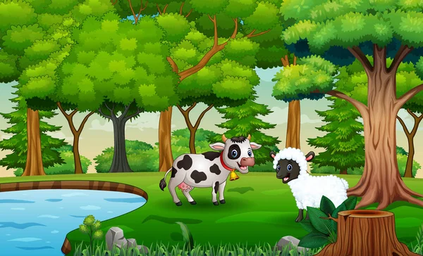 Dibujos Animados Una Vaca Ovejas Jugando Naturaleza — Vector de stock