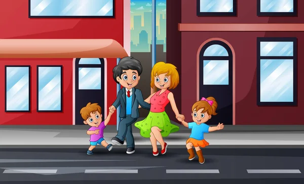 漫画幸せな家族が通りを歩いている — ストックベクタ