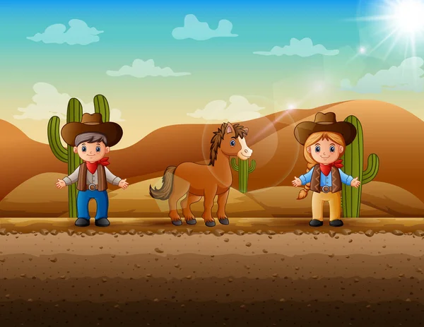 Cartoon Illustratie Een Cowboy Cowgirl Woestijn — Stockvector