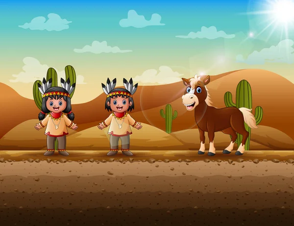 Cartone Animato Nativo Indiano Ragazza Ragazzo Deserto — Vettoriale Stock