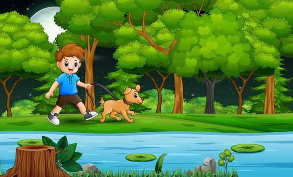 Karikatur Eines Jungen Mit Seinem Hund Beim Spazierengehen Fluss — Stockvektor