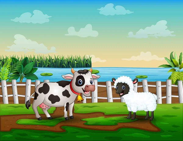 Karikatur Einer Kuh Und Eines Schafes Auf Dem Bauernhof — Stockvektor