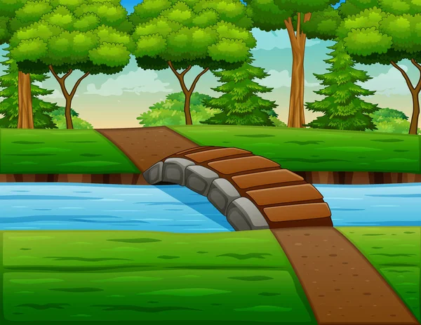 Background Scene River Bridge Trees Illustration — Stock Vector