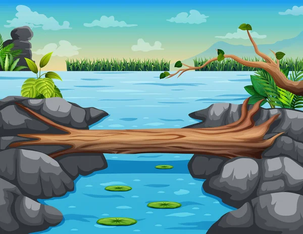 Illustration Log Bridge Beautiful River — Stock vektor