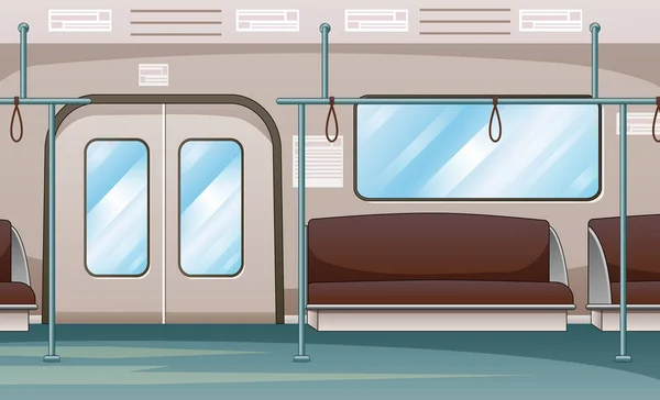 Metro Vagón Tren Interior Con Asientos Fila Pasamanos — Vector de stock