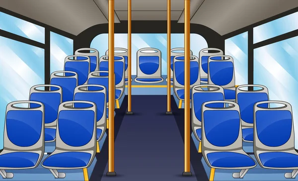 青いシートとバスハンドル付きの空のバスインテリア — ストックベクタ
