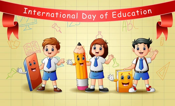 Hari Internasional Pendidikan Dengan Tiga Siswa - Stok Vektor