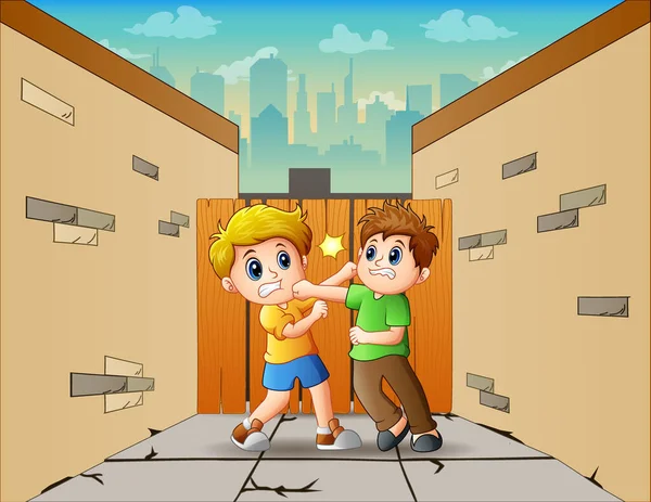 Cartoon Illustration Boys Fighting Road — Stockvektor