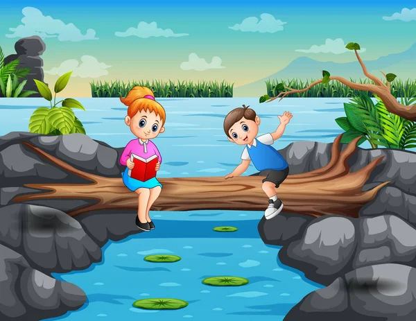 Cartoon Mother Son Studying Relaxing Log — 스톡 벡터