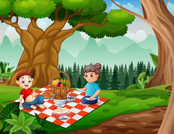 Illustration Happy Family Having Picnic Park — Stok Vektör