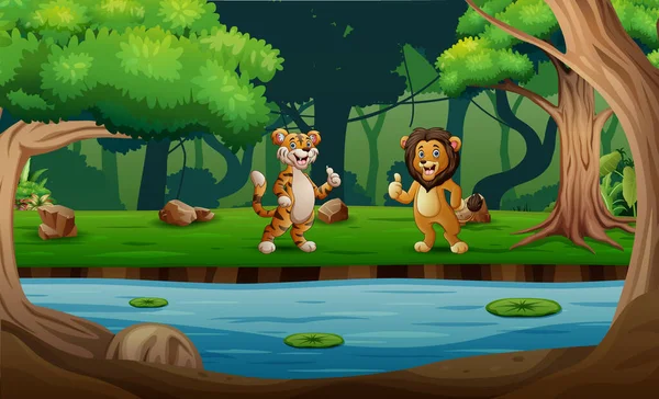 Netter Cartoon Tiger Und Löwe Stehen Fluss Und Zeigen Daumen — Stockvektor