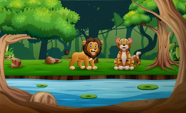 Niedliche Tiger Und Löwen Genießen Fluss — Stockvektor