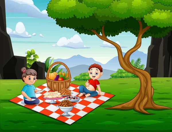 Illustrazione Una Madre Felice Suo Figlio Che Fanno Picnic Nel — Vettoriale Stock