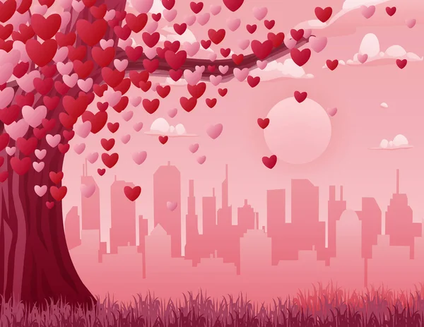 Fondo Del Día San Valentín Con Árbol Del Corazón Paisaje — Archivo Imágenes Vectoriales