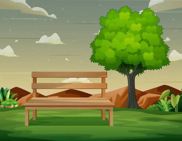 自然の中にある木のベンチと木の背景シーン — ストックベクタ