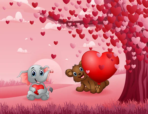 Buon San Valentino Con Orso Elefante Che Reggono Cuore Rosso — Vettoriale Stock