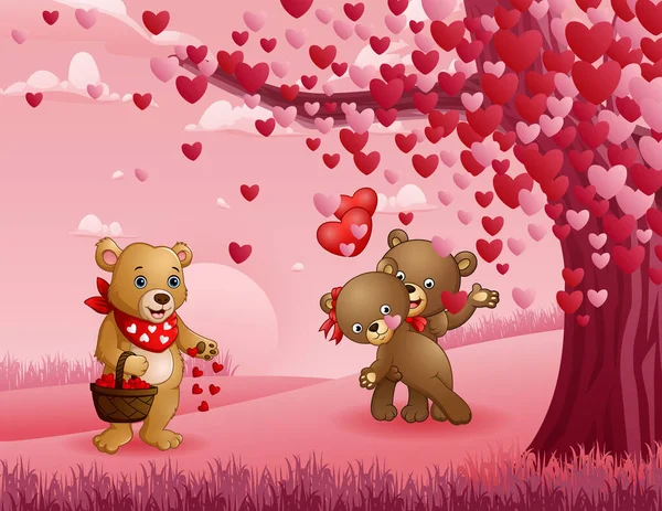 Счастливого Дня Святого Валентина Парой Медведей Деревом Сердца — стоковый вектор